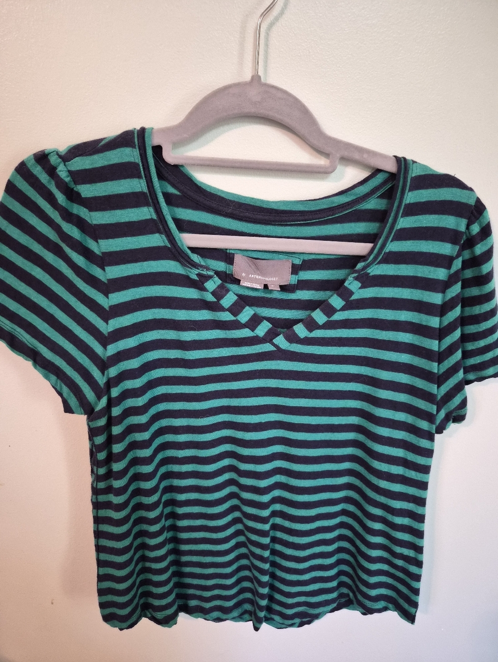 Anthropologie Teal and Black Striped V-Neck Short Sleeve Tee